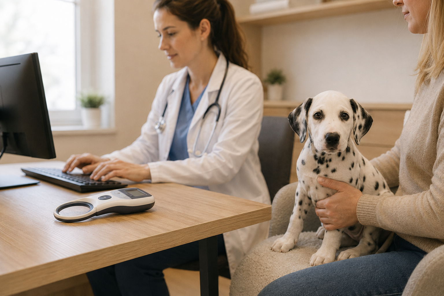 Majitelka se svým psem vyřizuje registraci mikročipu u veterináře